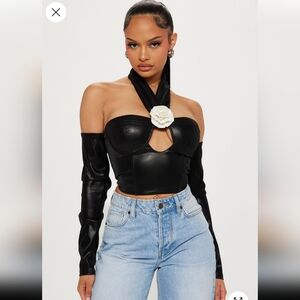 Fashion Nova Black Leather Crop Top with White Flower